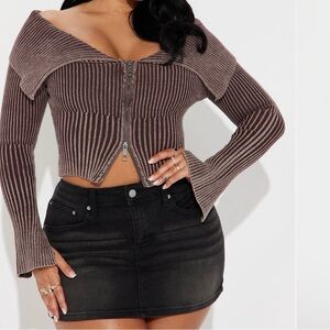 Fashion Nova Brown Ribbed Off-Shoulder Top